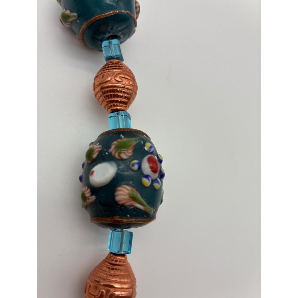 Vintage Lampwork Glass & Copper Bead Necklace Earring Set Teal Blue Floral Leaf - Picture 7 of 8